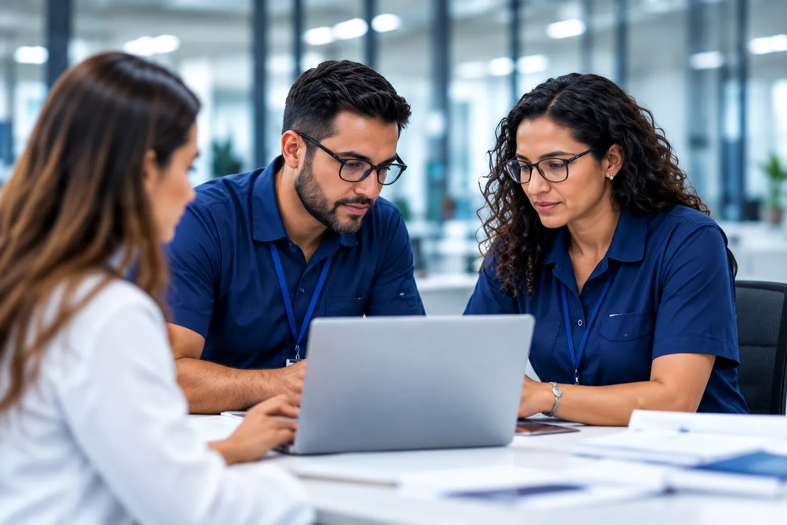 Equipe de gestão de saúde e segurança do trabalho analisa dados juntos em um notebook