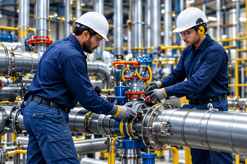 Dois profissionais de manutenção com capacete, óculos, protetor auricular e luvas trabalham em uma tubulação industrial