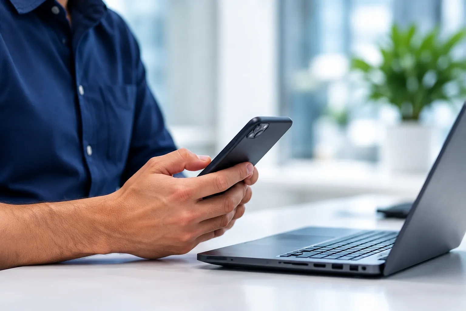 Mãos segurando um celular ao lado de um notebook, prontas para iniciar uma conversa