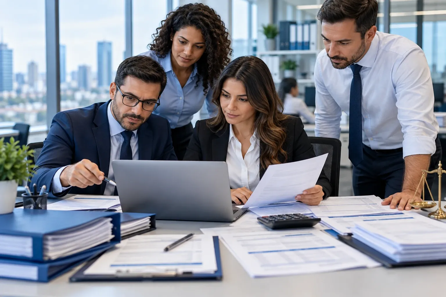 Equipe de contabilidade revisa relatórios e documentos com notebook e calculadora