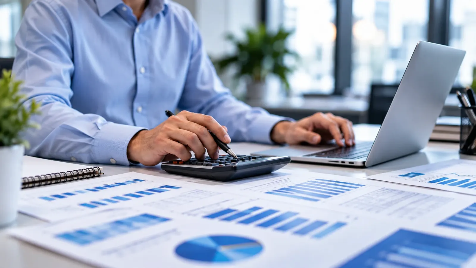 Profissional revisa relatórios e indicadores com calculadora e notebook
