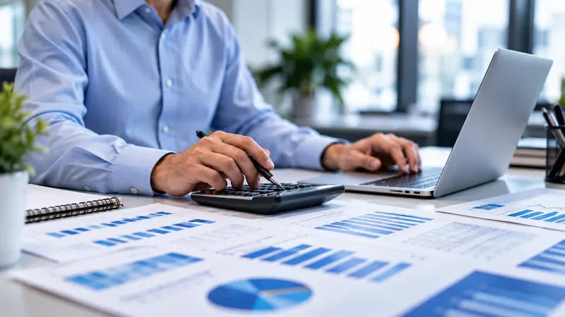 Profissional revisa relatórios e indicadores com calculadora e notebook