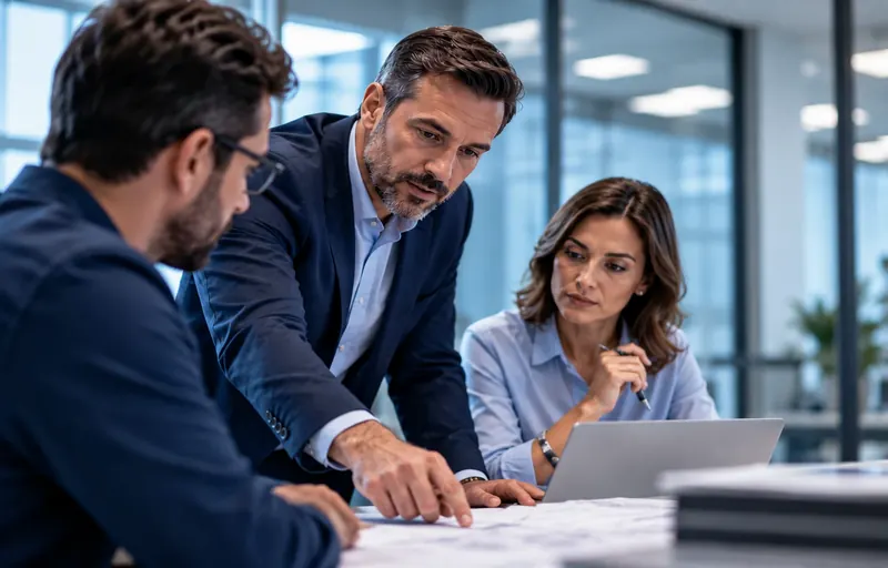 Diretor e equipe analisam juntos documentos de gestão de saúde e segurança do trabalho em reunião