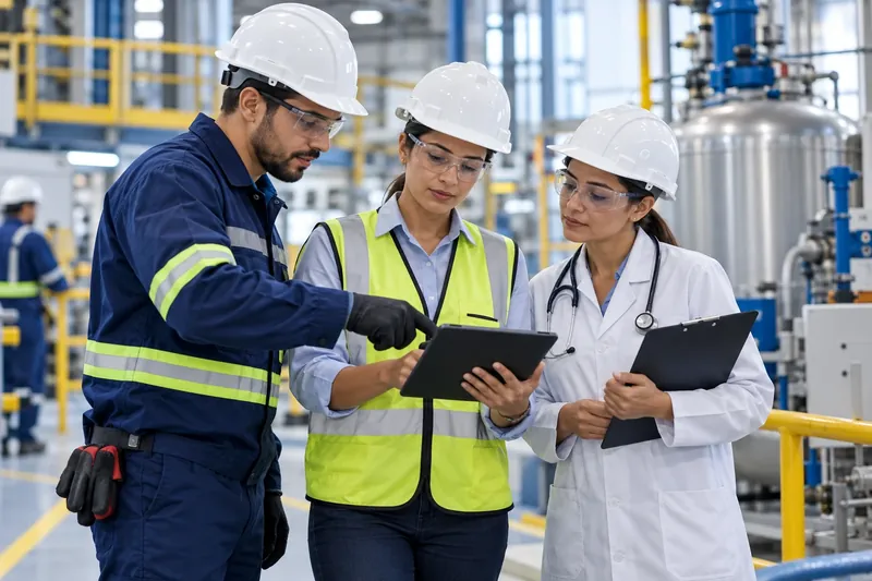 Técnico de segurança, engenheira e médica do trabalho, de capacete e óculos, avaliam juntos informações no tablet na área da fábrica