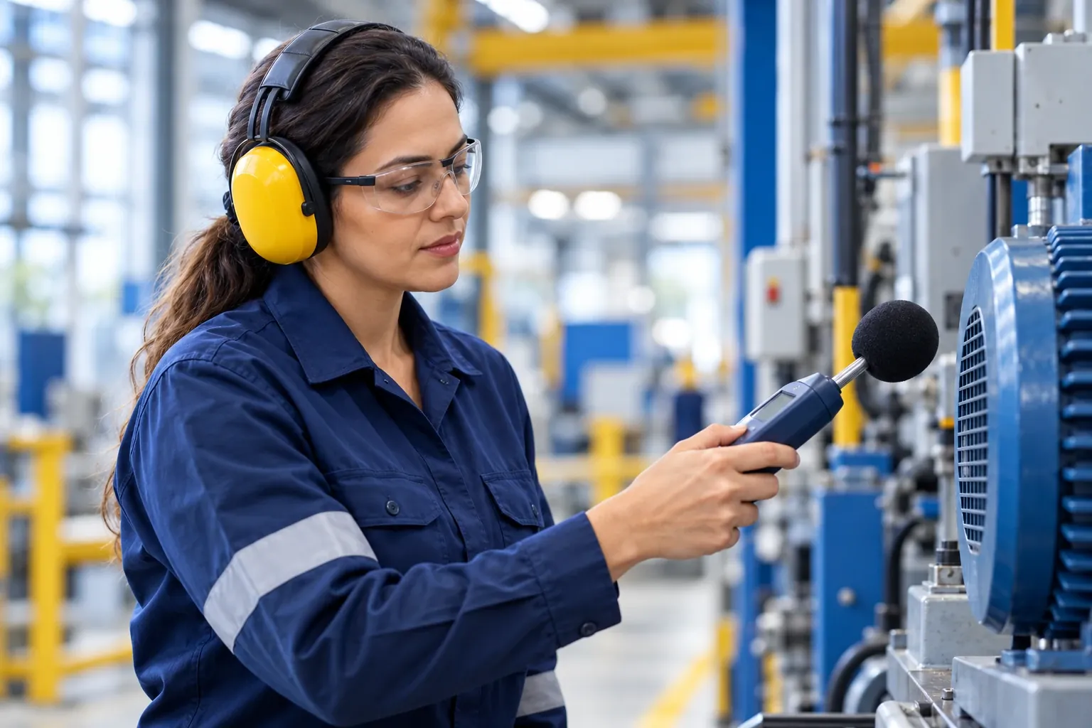 Técnica de segurança com protetor auricular e óculos mede o ruído de uma máquina com o decibelímetro