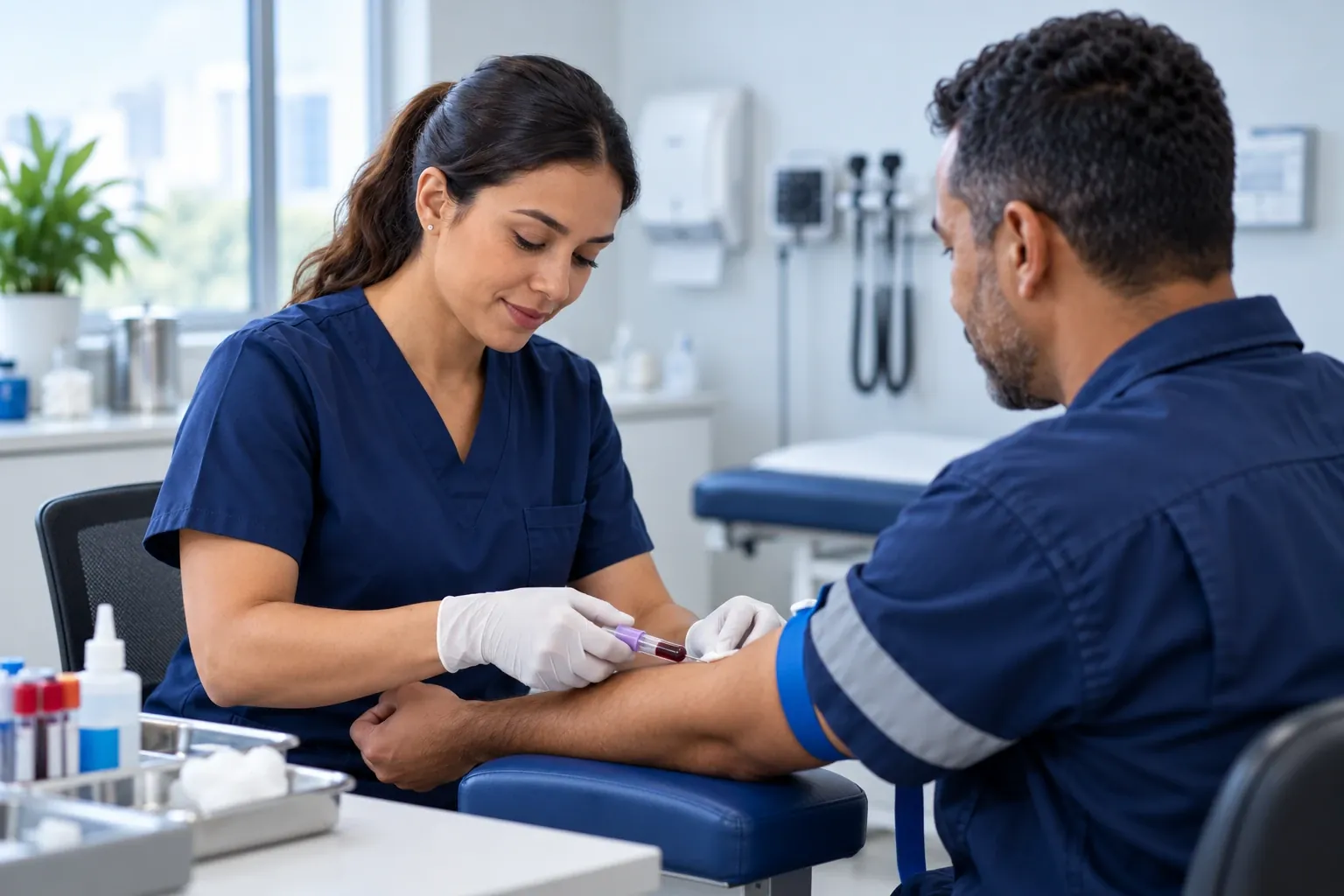 Profissional de saúde de luvas faz a coleta de sangue de um trabalhador para exame laboratorial