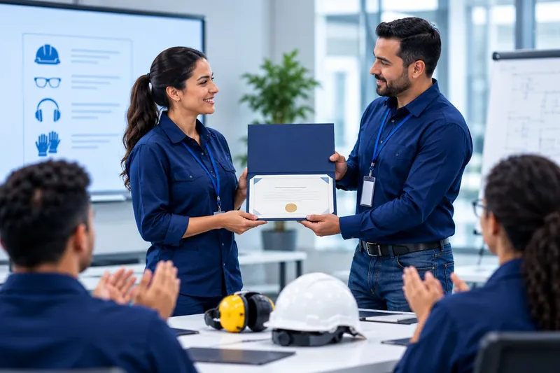 Instrutor entrega o certificado de conclusão do treinamento a uma participante, aplaudida pela turma