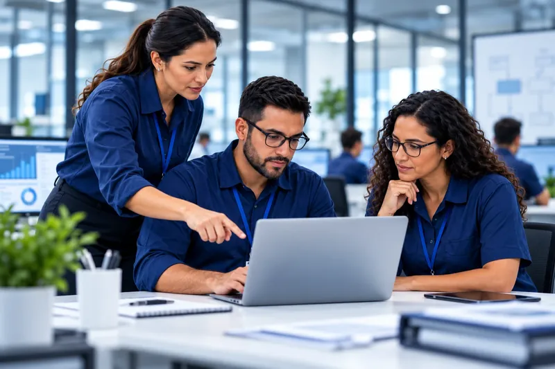 Equipe acompanha indicadores de saúde e segurança do trabalho no notebook, com painéis de gráficos ao fundo