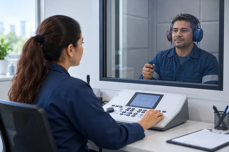 Fonoaudióloga conduz o exame de audiometria de um trabalhador dentro da cabine acústica