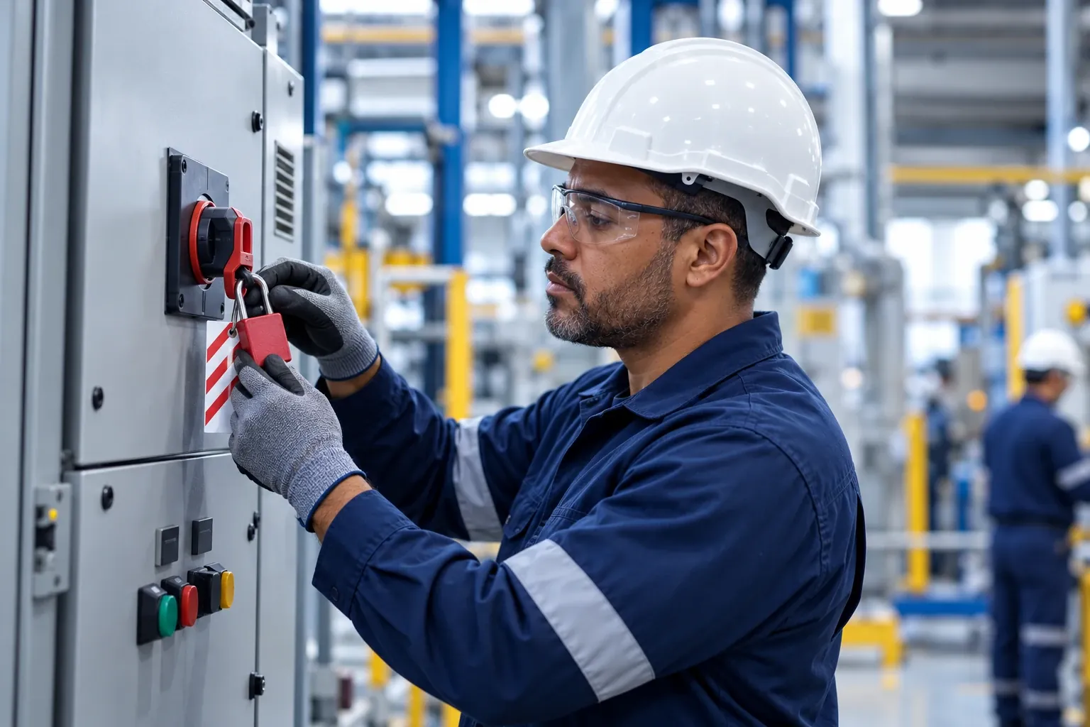 Eletricista com capacete, óculos e luvas instala cadeado e etiqueta de bloqueio de energia em um painel industrial
