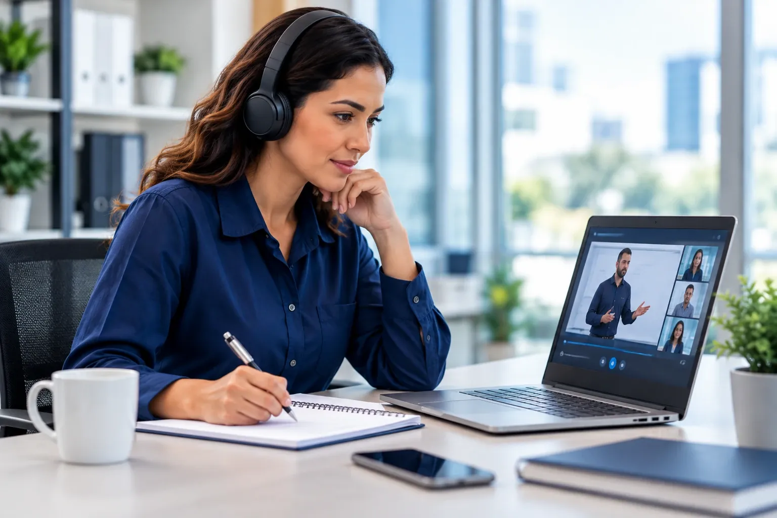 Profissional com fone de ouvido acompanha uma aula on-line no notebook e faz anotações