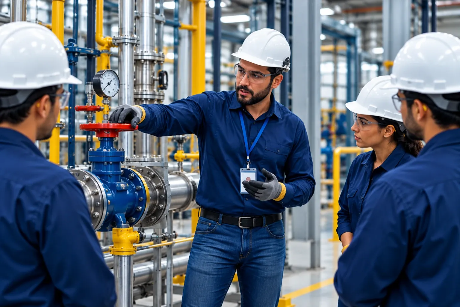 Instrutor com capacete e óculos explica o funcionamento de uma válvula para a turma durante a prática na planta industrial