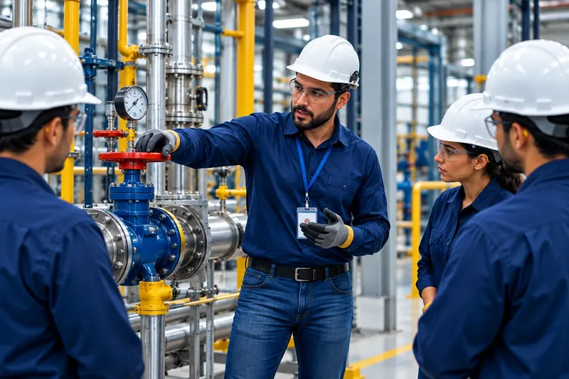 Instrutor com capacete e óculos explica o funcionamento de uma válvula para a turma durante a prática na planta industrial