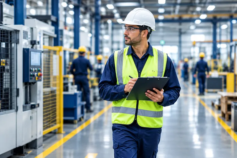 Técnico de segurança do trabalho com capacete, óculos e colete refletivo percorre a fábrica com um tablet na mão