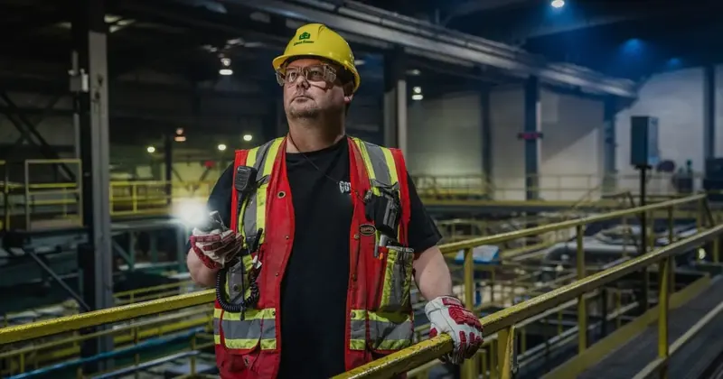 Profissional com capacete, óculos e colete refletivo em passarela de uma instalação industrial