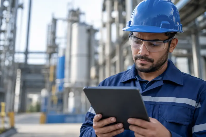 Técnico de segurança com capacete e óculos de proteção consulta informações em um tablet em área industrial